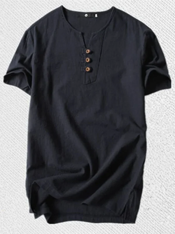 Casual Black V-Neck Henley Shirt