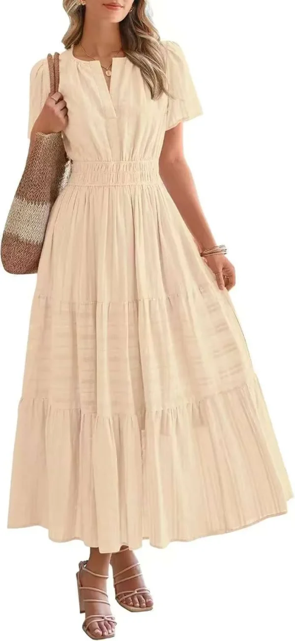 Beige Smocked Waist Maxi Dress